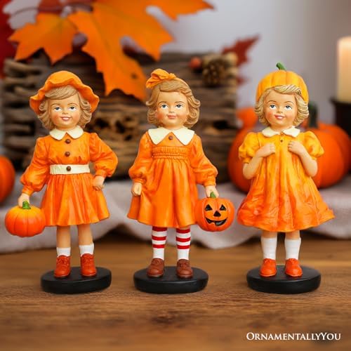 OrnamentallyYou Inviting Pumpkin Girl Trio Set of Figurines, 6" Victorian Autumn Fall and Halloween Table Decoration - Image 3