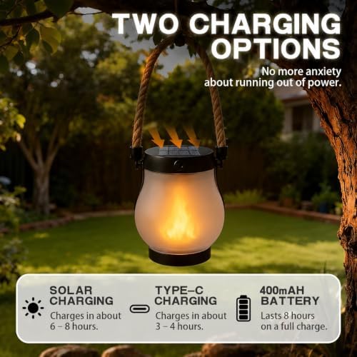Kaliqo Solar Lantern Outdoor Lights, Realistic Dancing Flame Effect, Solar Powered Lanterns for Camping, 100% Waterproof, Hemp Rope Flame for Patio Garden Decor (2 PCS) - Image 4