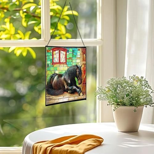 Black Shire Horse Resting Under Stable Eaves Square Suncatcher – Stained Glass Style Window Panel with Pastoral Scene, Custom Decorative Hanging Art for Equestrian Home, Christmas Ao6ker - Image 3
