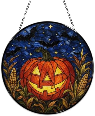 Jack O Lantern Bats Corn Stained Glass Suncatcher 9.8" Colorful Window Hanging Ornament, Retro Sun Catcher Decor with Chain for Home Wall Garden Birthday Christmas Mothers Day - Image 4