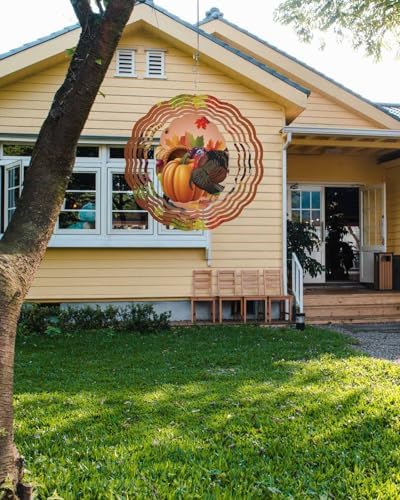 Fall Wind Spinners for Yard and Garden Harvest Orange Pumpkin Turkey Wind Spinner Autumn Maple Leaves 3D Metal Stainless Steel Wind Sculptures Outdoor Patio Fall Thanksgiving Hanging Decor 10 Inch - Image 2