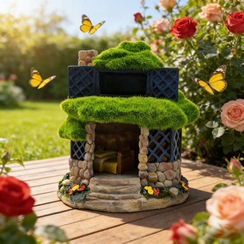 COWOS Solar Powered Fairy House Garden Statue, Resin Miniature Moss Stone Cottage with LED Lights, Outdoor Fairy Garden Figurine Ornament for Patio Yard Lawn Flower Bed Decor, Gift for Garden Lovers - Image 2