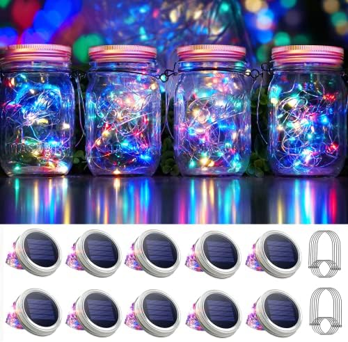 SmilingTown 30 LED 10 Packs Mason Jar Lights with Hangers Colorful Solar Mason Jar Lids Fairy String Light Outdoor for Patio Yard Garden Decor Christmas Wedding Party Lights (NO Jars) by SmilingTown