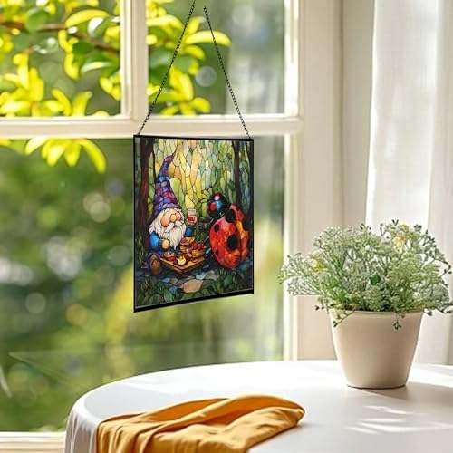 Lady.Bug Picnic Gnome Stained Glass Suncatcher – Square Hanging Window Panel for Home or Greenhouse – Whimsical Glass Art Gift for Garden Lovers, Christmas, Halloween, Father Days YBksu9 - Image 3