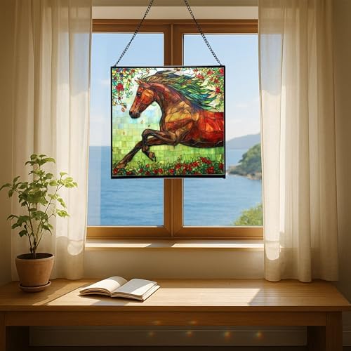 Brown Dutch Warmblood Horse Galloping Along Wild Hedgerow Square Suncatcher – Stained Glass Style Window Panel with Pastoral Scene, Custom Decorative Hanging Art for Equestrian Home, Christmas S5G14f - Image 6