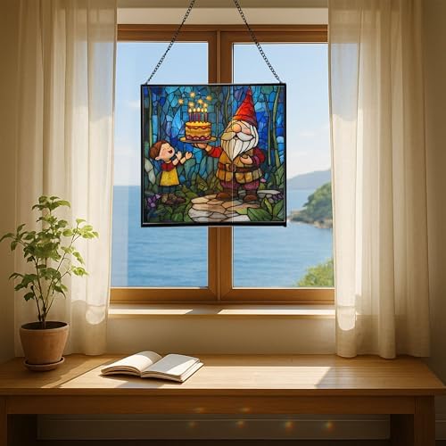Gnome with Birthday Cake Stained Glass Suncatcher – Square Hanging Window Panel for Home, Garden, Nursery, Halloween, Christmas, Memorial Day – Whimsical Glass Art Gift for Gnome Lovers ttxab9 - Image 6