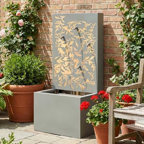 30.71" H Light Gray Metal Leaf Cutout Outdoor Water Wall Fountain with LED Lights, Waterfall Feature for Patio Garden Backyard Decor by Unknown