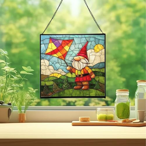 Kite String Gnome Stained Glass Suncatcher – Square Hanging Window Panel for Home or Greenhouse – Whimsical Glass Art Gift for Garden Lovers, Christmas, Halloween, Father Days Mjhqbn - Image 2