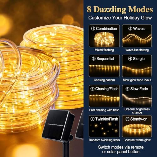 Solar Rope Lights Outdoor Waterproof 2 Pack, 66ft 200 LED Warm White String Lights with 8 Modes, Flexible Clear Tube Fairy Lights Auto On/Off for Garden Patio Fence - Image 6