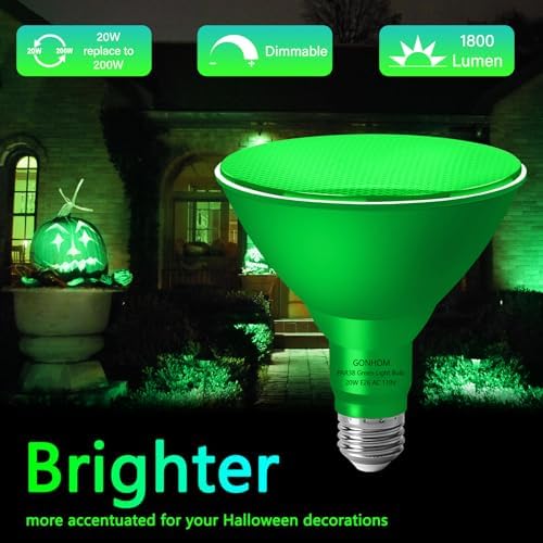 Gonhom PAR38 Flood Lights Outdoor,Dimmable LED Flood Light Bulbs,20W(Equivalent to 200W),E26 Base,Outdoor Porch,Holiday Lighting,LED Flood Light Bulb for Halloween,Christmas,4 Pack Green - Image 3