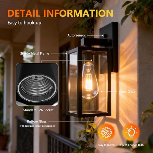 Dawn to Dusk Sensor Outdoor Light Fixture Waterproof Porch Lights Anti-Rust Exterior Wall Lighting Outdoor Wall Lantern for Patio Front Door Garage House - 2 Pack - Image 4