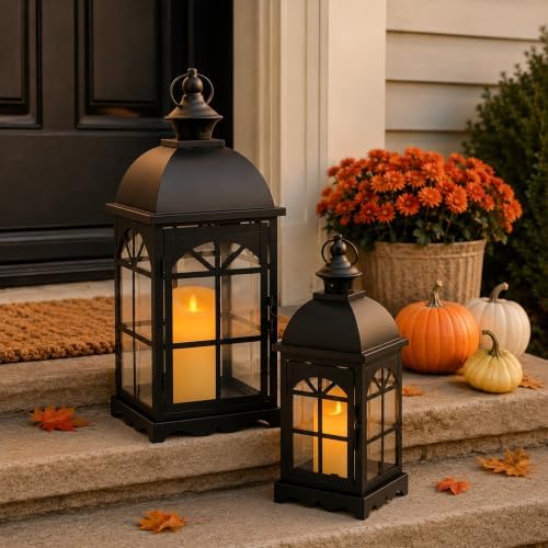 TRIROCKS Set of 2 Decorative Vintage Candle Lanterns 14.5"&20" H Farmhouse Outdoor Hanging Lanterns with Tempered Glass for Porch, Balcony, Patio, Home, Centerpieces, Indoor, Outdoor(Black) by TRIROCKS