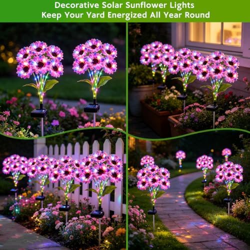 Solar Sunflower Lights Outdoor Garden Decor, 4 Pack Solar Multicolor Flowers Lights with 24 Sunflowers, Waterproof Fall Decor Stake Decorative Light Auto ON/Off for Garden Yard Patio, Gift for Women - Image 6