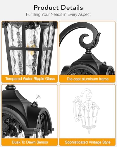 VIANIS Black 2-Pack Outdoor Porch Lights, Dusk to Dawn Outdoor Lighting - Image 5