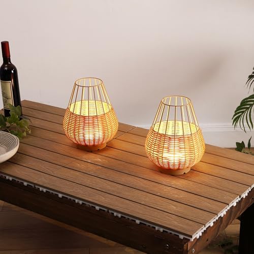JONATHAN Y Elian 10" Faux Wicker Cordless Lamp, Light Brown, Set of 2 - Image 2