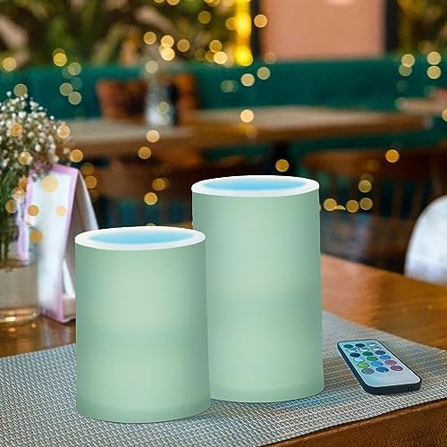 YETTASBIN Sage Green Color Flameless Candles with Remote Control and Timer, Adjustable Brightness Long Lasting Battery Operated LED Pillar Candles for Indoor Outdoor Party Holiday Home Decor, 2 Pack - Image 6