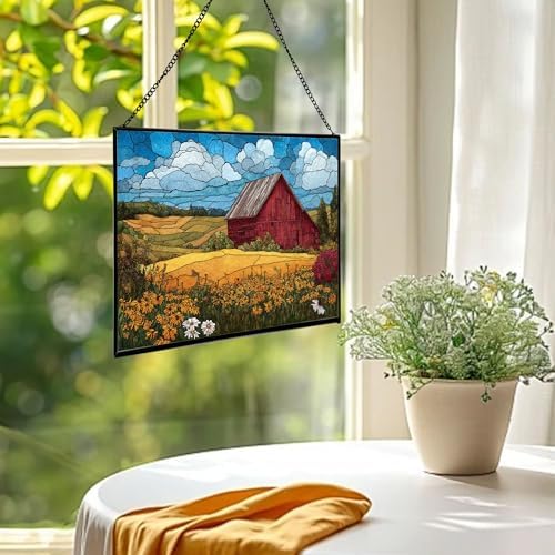 Barn Surrounded by Summer Wildflowers Rectangular Stained Glass Suncatcher – Hanging Window Panel with Animal & Nature Scene – Vibrant Glass Art Gift for Wildlife, Fantasy, Nature Lovers hfGgwX - Image 2
