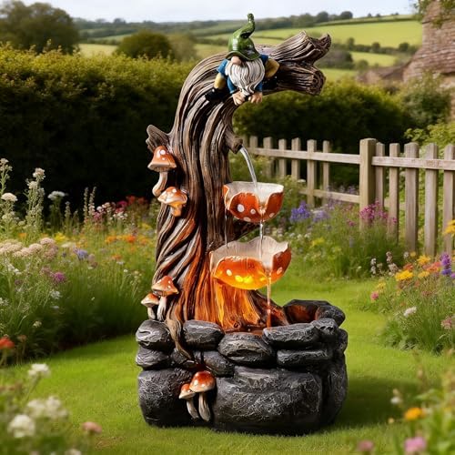 Tolevoit Gnome Outdoor Water Fountain with Warm LED Lights, Cascading Mushroom Waterfall on Tree Stump, Whimsical Garden Decor & Yard Art for Patio, Lawn, Porch and Indoor Tabletop - Image 6