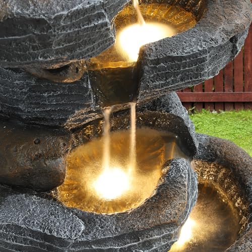 5 Tiers Garden Fountain Outdoor, 26.4" Rock Waterfall Feature with 4 LED Lights, Modern Resin Fountain Freestanding with Pump and Dicky Bird for Indoor and Porch Patio, Home Art Decor, Grey - Image 4