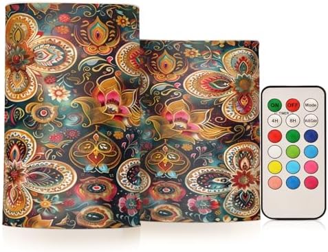 Vintage Bohemian Flowers Paisley Flameless Flickering Candles with Timer Waterproof Electronic Lights Battery Operated Led for Party (prop2) 2-Piecing Set by Unknown