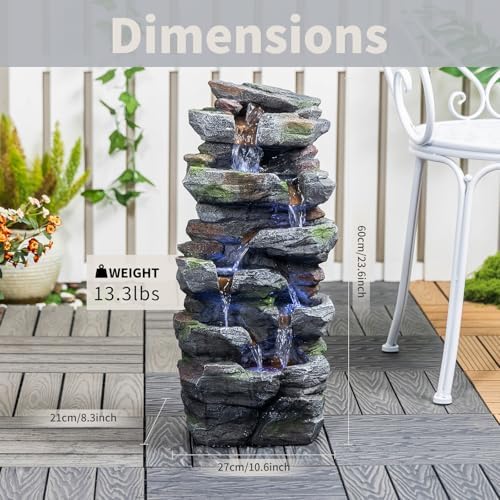 23.6" Cascading Tiered Rock Outdoor Water Fountain with LED Lights, Resin Stone Garden Water Feature with UL-Certified Pump for Patio, Lawn, Backyard, Balcony and Porch Decor - Image 2