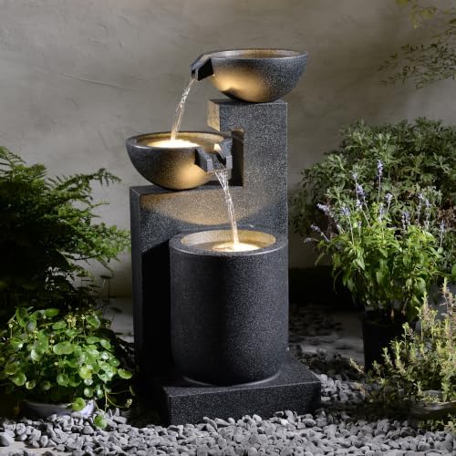 Black Modern Tiered Bowl Fountain, Decorative Water Fountain with LED Lights and Quiet Pump, Indoor Outdoor Water Feature for Patio, Garden, Deck, Balcony, Office and Home Décor by HI-LINEGIFTLTD