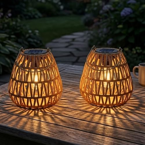 2 Pack Solar Lights Outdoor Waterproof, Rattan Solar Lantern, Hanging Outdoor Solar Lights for Yard, Outdoor Solar Lanterns Decorative, Garden Lights Solar Powered for Tree, Patio, Table Lantern Decor by EYASSI