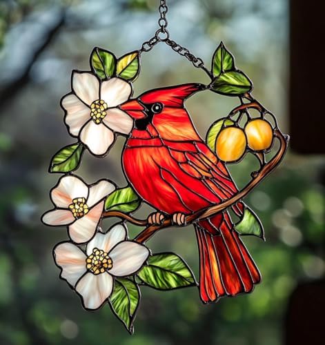 Cardinal Acrylic Suncatcher Size 10 inches, Boho Stained Glass Effect Window Hanging Ornament, Garden Decor, Gift for Mother's Day by XISZYS