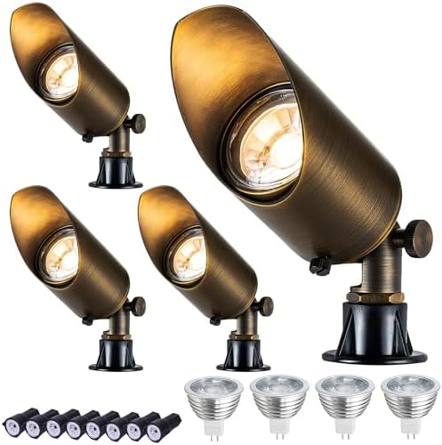 LumStory Brass Low Voltage Landscape Spotlight 12V Bronze Waterproof Shroud Adjustable Outdoor Landscape Lighting, with MR16 LED Bulb 5W 3000K, 4-Pack by LumStory