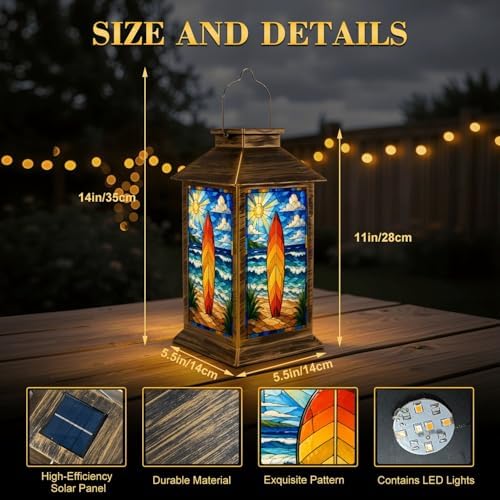Solar Lantern Outdoor Waterproof Stained Glass Surfboard Vibrant Ocean Beach Garden Decor LED Hanging Solar Lights Tabletop Lamp Gifts for Women Mom Outside Yard Patio Porch - Image 2