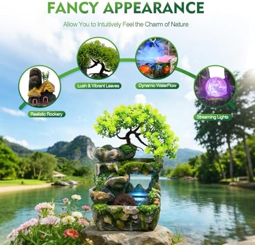 Tabletop Waterfall Fountain with Flowing Water & LED Lights – Indoor Resin Rockery Desk Fountain for Home, Office, Bedroom Relaxation & Decoration, Mini Desktop Water Featur - Image 2