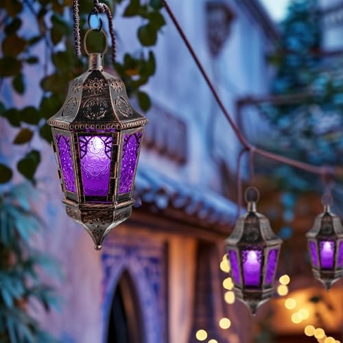Moroccan Decorations Indoor, 13.6’’ Lantern Decorative Outdoor, Halloween Style Hanging Lantern with Chain for Home Porch Patio Decor, Vintage Metal Christmas Ramadan Candle Holders(Purple) - Image 2