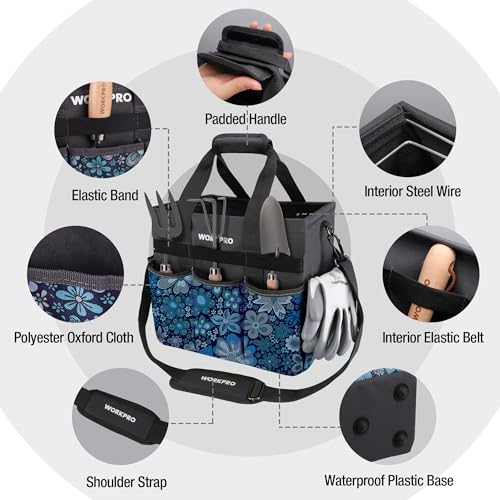 WORKPRO Garden Tool Bag, 10 Pockets and Shoulder Strap, Floral Blue - Image 3