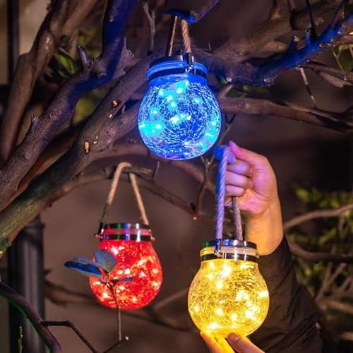 Solar Hanging Mason Jar Lights - Cracked Glass 30 LED Fairy Firefly Lantern String Lights, Outdoor Waterproof Patio Porch Garden Yard Balcony Lawn Wall Lighting Decor - Image 4