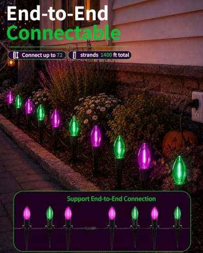 Halloween Pathway Lights with 10 Green and Purple C9 LED Stakes - Image 3