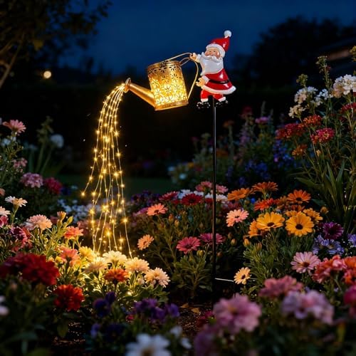 2 Pcs Solar Santa Claus Kettle Lights Santa Claus Watering Can Light Vintage Metal Garden Lawn Decorative Lights Solar Kettle Night Light with LED String Outdoor Garden Decor for Pathway Yard Patio - Image 2