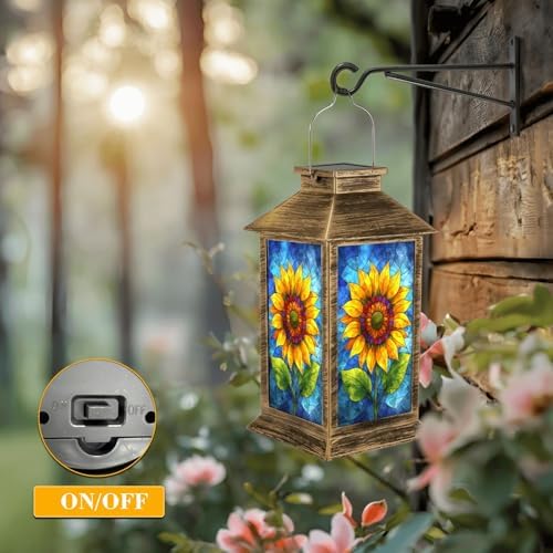 Solar Lantern Outdoor Waterproof Decorative Sunflower Glass Panel Stained Garden Decor LED Solar Lights Hanging/Tabletop Lamp Gifts for Women Mom for Outside Yard Patio - Image 5
