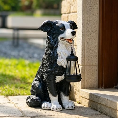 COWOS Solar Border Collie Dog Statue with Lantern, Resin Outdoor Garden Decor, Solar Powered LED Dog Sculpture for Patio Porch Yard - Image 4