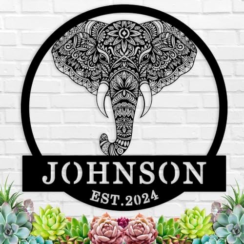 Customized Elephant Lover Family Wall Decor, Personalized Elephant Name Sign, Metal Name Signs Personalized, Elephant Monogram Wall Decor, Metal Family Name Sign for Outdoor, Housewarming Gifts by EXUNART