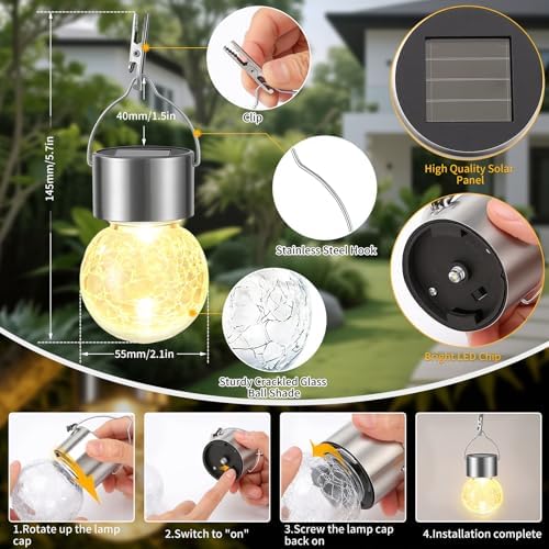 Hanging Solar Lights Outdoor Garden, 12 Pack Cracked Glass Hanging Ball Lights with Handle, IP65 Waterproof Outdoor Lanterns Decorative Globe Lights for Garden Yard Tree Balcony Patio Gazebo - Image 4