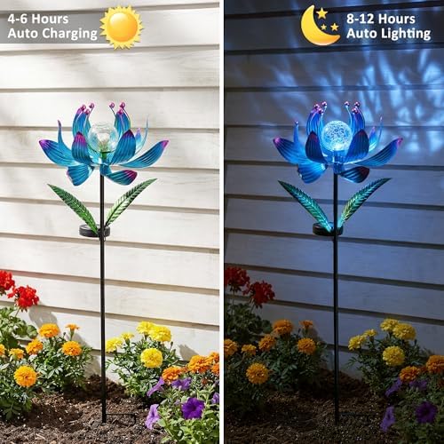 38 Inch Solar Wind Spinner Outdoor, Kinetic Lotus Yard Art with Glass Light - Image 2