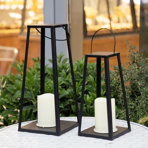 HPC Decor 2PCS Solar Lanterns for Outdoor Decor-20in 15.6in Black Metal Candle Lanterns w/ Waterproof Solar Powered Candles- Modern Farmhouse Hanging Decor for Front Porch,Yard Garden Patio - Image 3