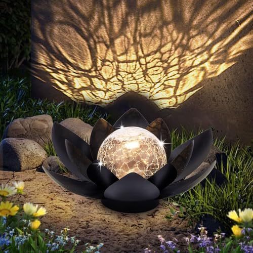 Huaxu Solar Lights Outdoor Garden Decor Metal Black Lotus Decoration, Crackle Globe Glass Waterproof LED Outside Table Lamp for Patio,Lawn, Yard,Walkway,Tabletop,Ground Gifts for Mom - Image 6