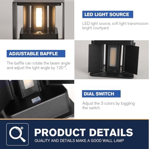 2 Pack LED 20W Outdoor Wall Lights Exterior/Interior 3 Colors Adjustable Wall Sconce Up and Down Light Porch Lights IP65 Waterproof Exterior Wall Sconce Modern Outdoor Lighting Square Aluminum Black - Image 7