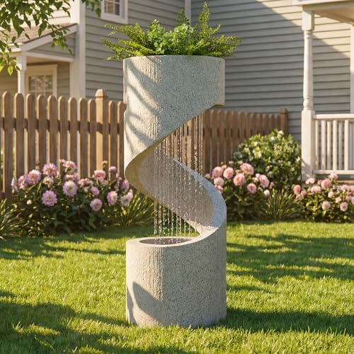 Glitzhome Outdoor Water Fountain with LED Light, Spiral Tiered Water Fountain Outdoor with Stone Planter, Modern Curved Waterfalls Feature Fountains for Garden Patio Porch, 31.3”H by Glitzhome