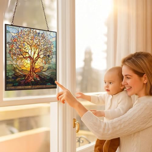 Retangle Art Nouveau Tree of Life Stained Glass Window Hanging Window Suncatcher Glass Panel with Metal Chain Sun Catchers Wall Art Home Decor Gift for Women Mother's Day - Image 5