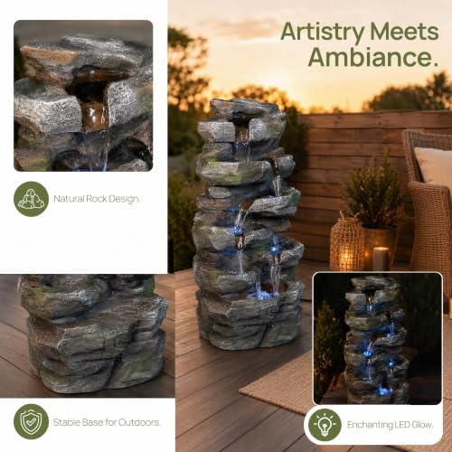 Outdoor Water Fountain with White LED Lights, 23.6" Stacked Rock Cascading Water Feature, Freestanding Garden Fountain for Patio, Backyard, Balcony, Deck, Porch, Housewarming Gift - Image 3