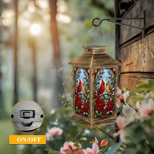 Solar Lantern Outdoor Waterproof Cardinals Branch Stained Glass Style Poinsettia Flowers Winter Berries Garden Decor LED Hanging Solar Lights Tabletop Lamp Gifts for Women Mom Outside Yard Patio Porch - Image 5