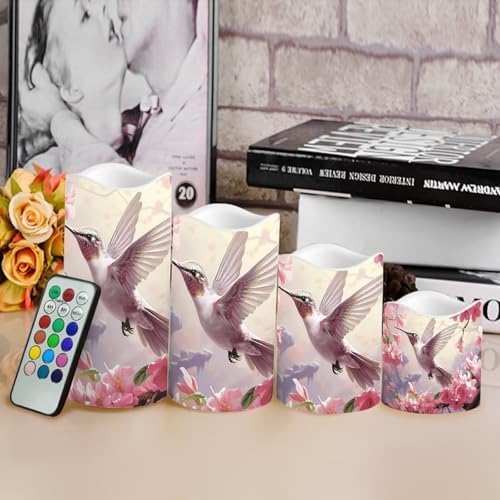 Hummingbird Floral Flickering Flameless Candles Pillar LED Candles with Remote and Timer Set of 4 Color Changing Battery Operated Candles for Home Wedding Birthday Decor - Image 4
