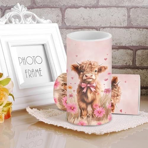 Valentines Day Flameless Candles Waterproof Battery Operated Candles with Timer Pack of 2 Pink Daisy Highland Cow Print LED Pillar Lights for Dining Table Decorations - Image 4